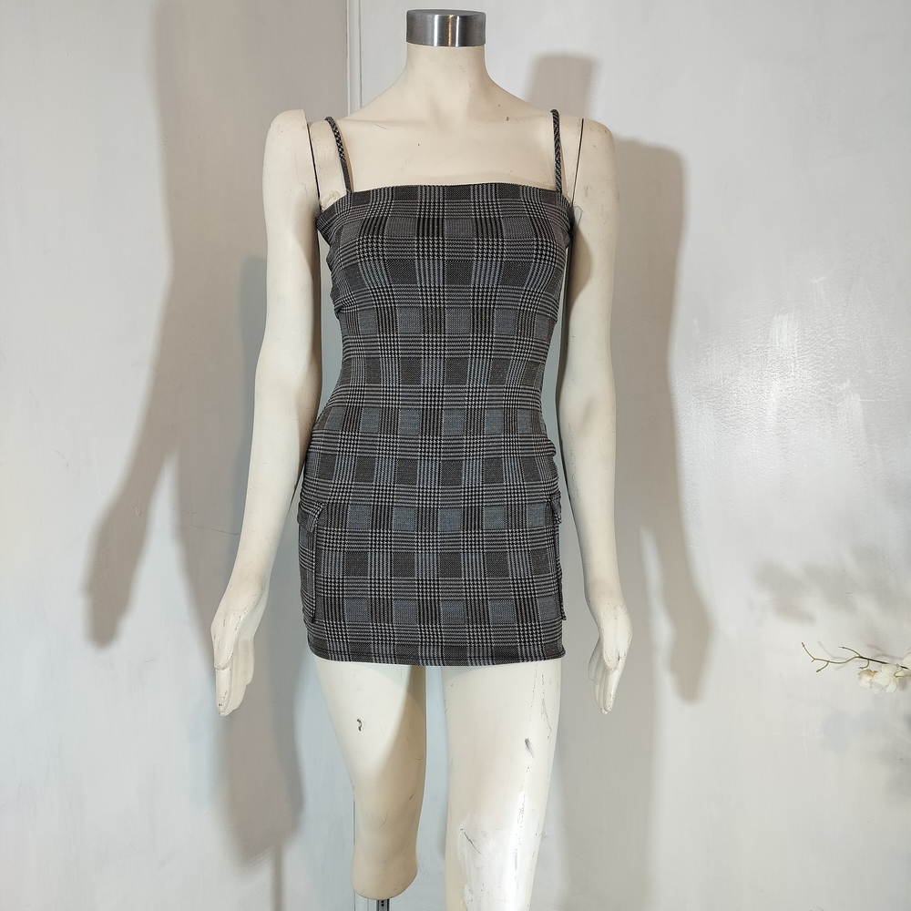 Elegant Checkered Mini Dress in Black and Gray
